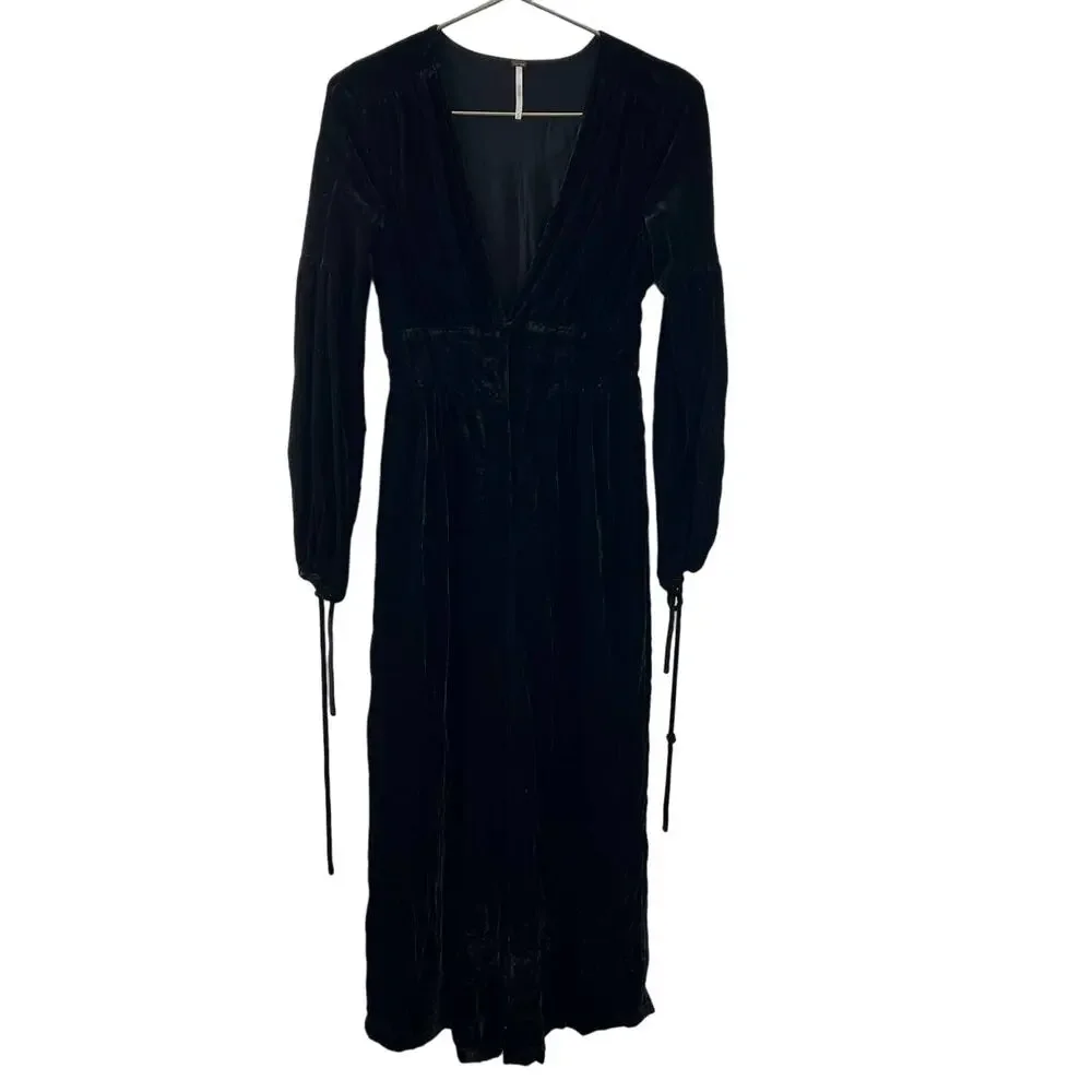 FREE PEOPLE True Lovin' Black Velvet Balloon Sleeve One Piece Jumpsuit Size XS